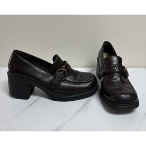 Vtg Jazzberry Dark Academia Y2K Brown Leather Chunky Heel‎ Loafer Shoes Womens 9